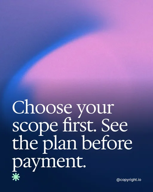 Video for copyright.io: "Choose your scope first. See the plan before payment.". Shader loop, 6.0 s, dark palette.