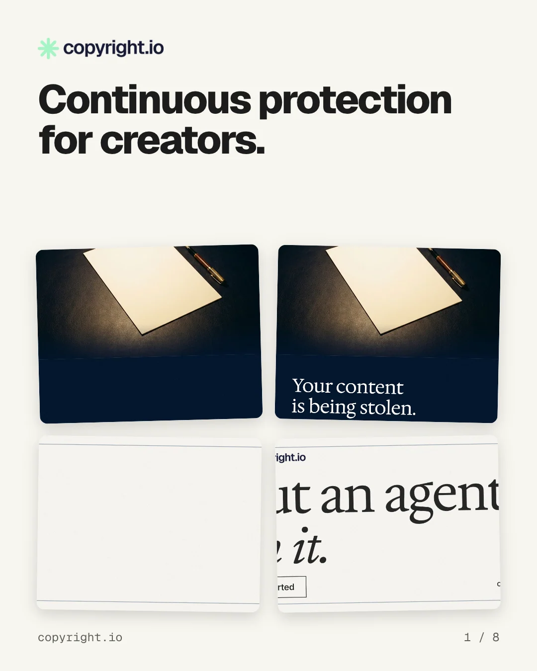 Carousel for copyright.io: "Continuous protection for creators.". Collection carousel, 8 slides, light palette.
