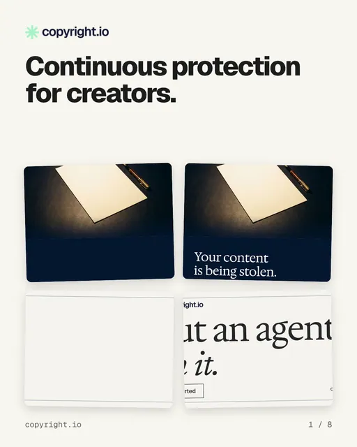 Carousel for copyright.io: "Continuous protection for creators.". Collection carousel, 8 slides, light palette.