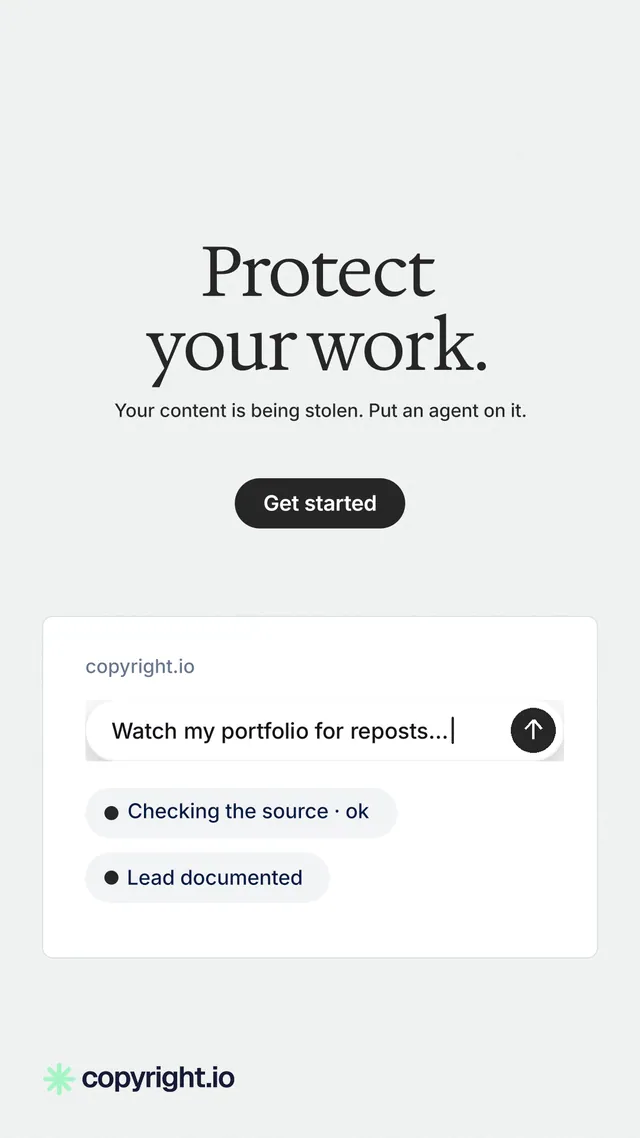 Instagram story for copyright.io: "Protect your work." Data card style, centred layout, light palette in white.