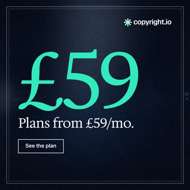 Instagram post for copyright.io: "Your content is being stolen. Put an agent on it." Dark deco style, stat layout, dark palette in black, teal.