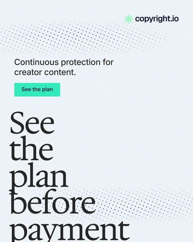 Instagram portrait post for copyright.io: "See the plan before payment." Swiss style, oversized layout, light palette in white, grey.
