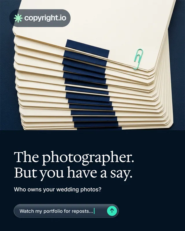 Instagram portrait post for copyright.io: "The photographer. But you have a say." Agentic glass style, bottom layout, dark palette in yellow, black, blue.