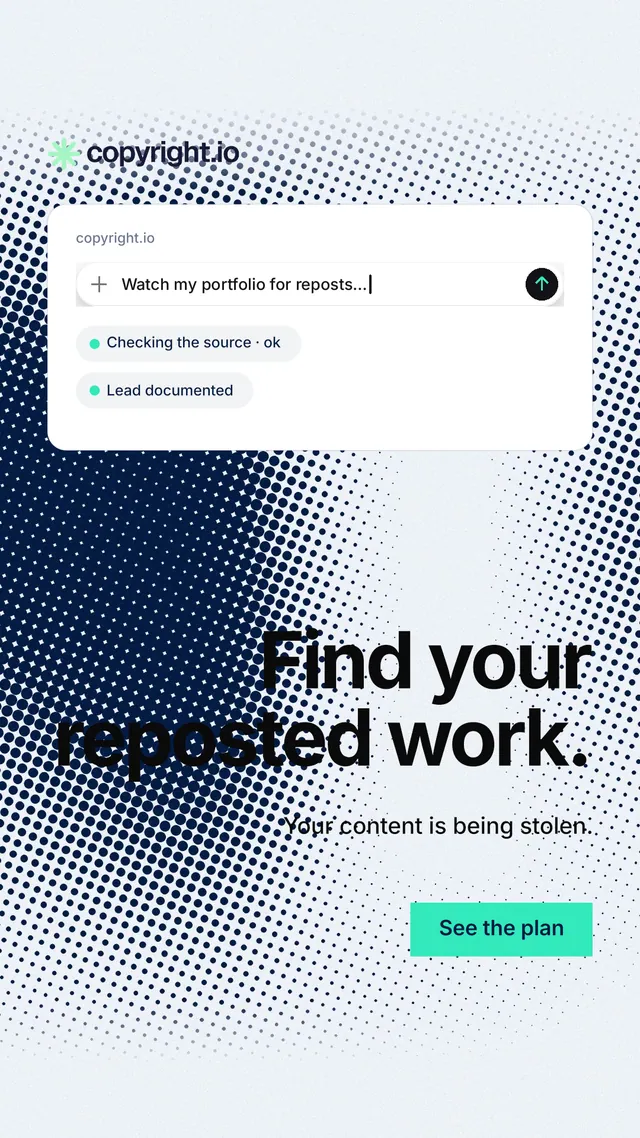 Instagram story for copyright.io: "Find your reposted work." Swiss style, right layout, light palette in white, blue, teal.