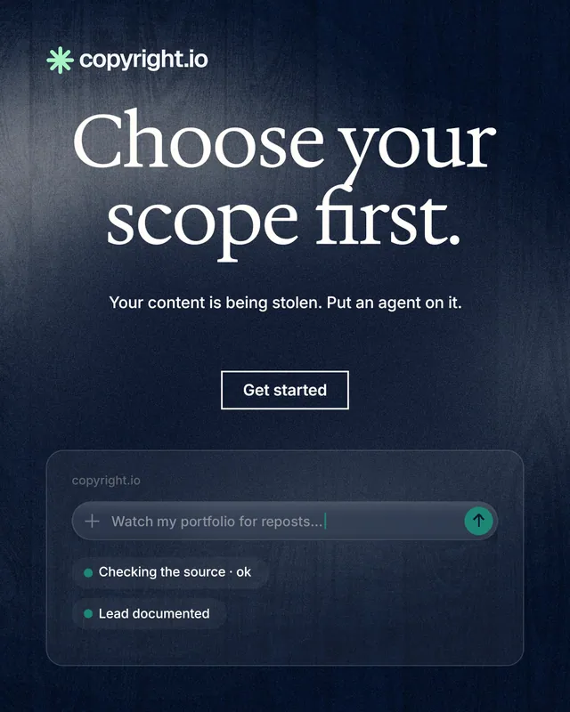 Instagram portrait post for copyright.io: "Choose your scope first." Cyanotype style, centred layout, dark palette in blue, black, grey.