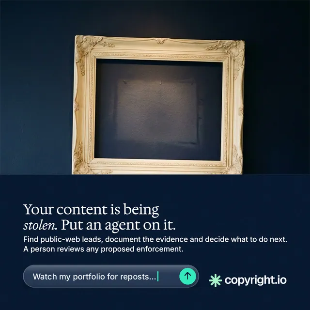 Instagram post for copyright.io: "Your content is being stolen. Put an agent on it." Agentic glass style, bottom layout, dark palette in black, blue, grey.