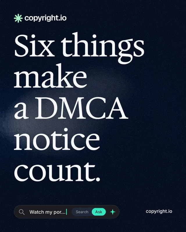 Instagram portrait post for copyright.io: "Six things make a DMCA notice count." Thermal style, poster layout, dark palette in black, blue, grey.