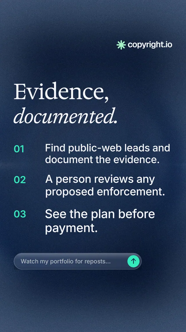 Instagram story for copyright.io: "Evidence, documented." Agentic glass style, numbered layout, dark palette in blue, grey.