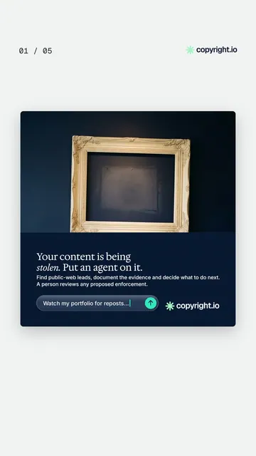 Video for copyright.io. Ad flipbook, 7.5 s, light palette.