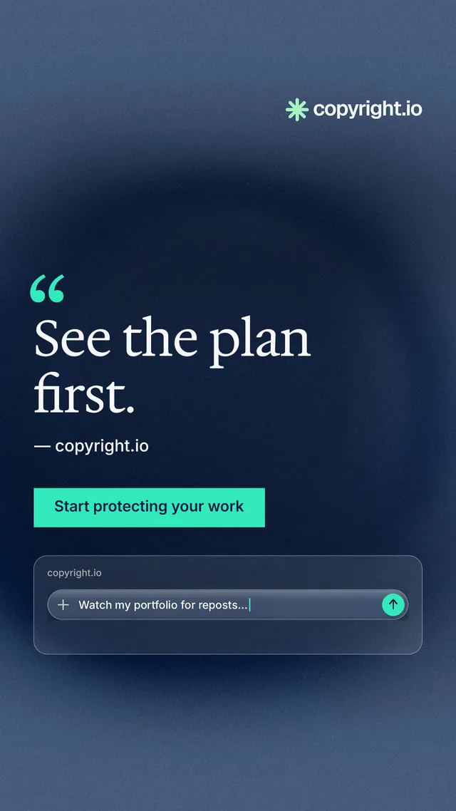 Instagram story for copyright.io: "See the plan first." Swiss style, quote layout, dark palette in blue.