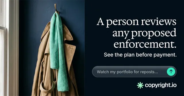 Social ad for copyright.io: "A person reviews any proposed enforcement." Agentic glass style, right layout, dark palette in black, grey.