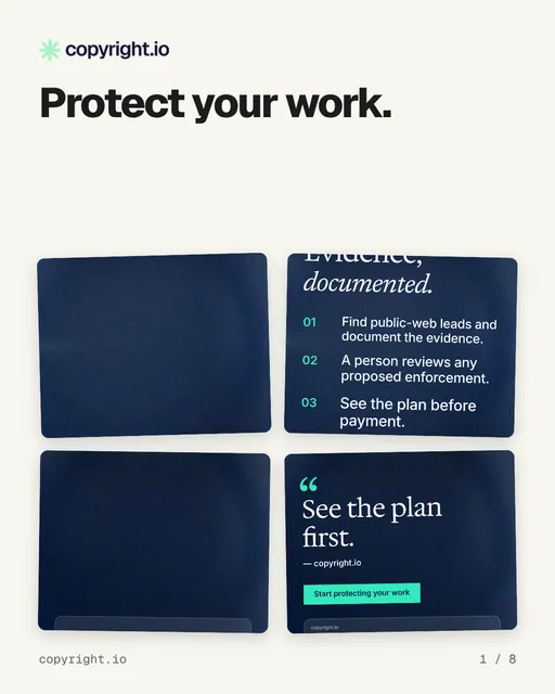 Carousel for copyright.io: "Protect your work.". Collection carousel, 8 slides, light palette.