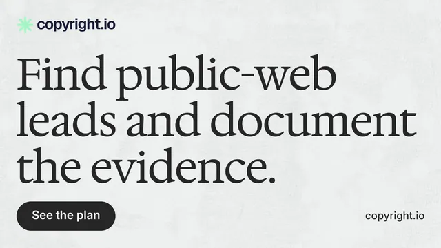Landscape graphic for copyright.io: "Find public-web leads and document the evidence." Data card style, poster layout, light palette in white, grey.