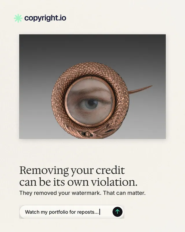 Instagram portrait post for copyright.io: "Removing your credit can be its own violation." Agentic glass style, bottom layout, light palette in grey, white.