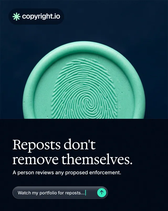 Instagram portrait post for copyright.io: "Reposts don't remove themselves." Agentic glass style, bottom layout, dark palette in black, teal, blue.