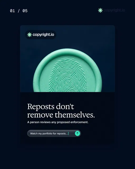 Video for copyright.io. Ad flipbook, 7.5 s, dark palette.