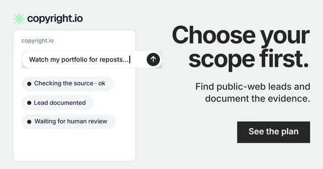 Social ad for copyright.io: "Choose your scope first." Swiss style, right layout, light palette in white, grey.