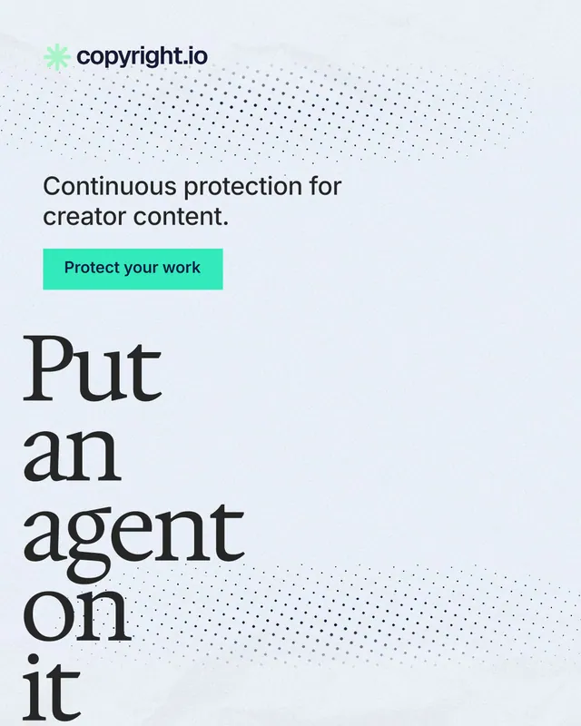 Instagram portrait post for copyright.io: "Put an agent on it." Swiss style, oversized layout, light palette in white, blue, grey.