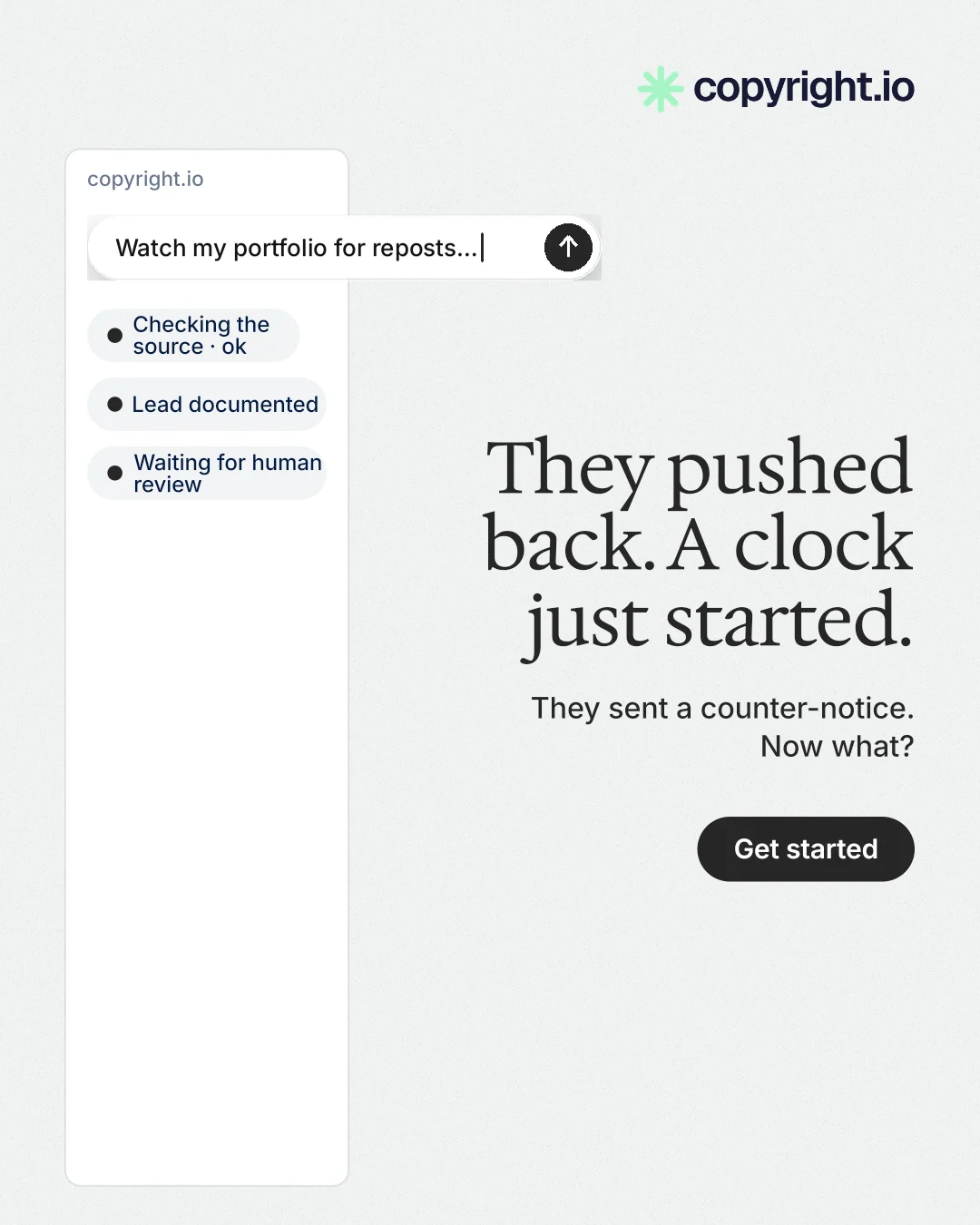 Instagram portrait post for copyright.io: "They pushed back. A clock just started." Data card style, right layout, light palette in white.