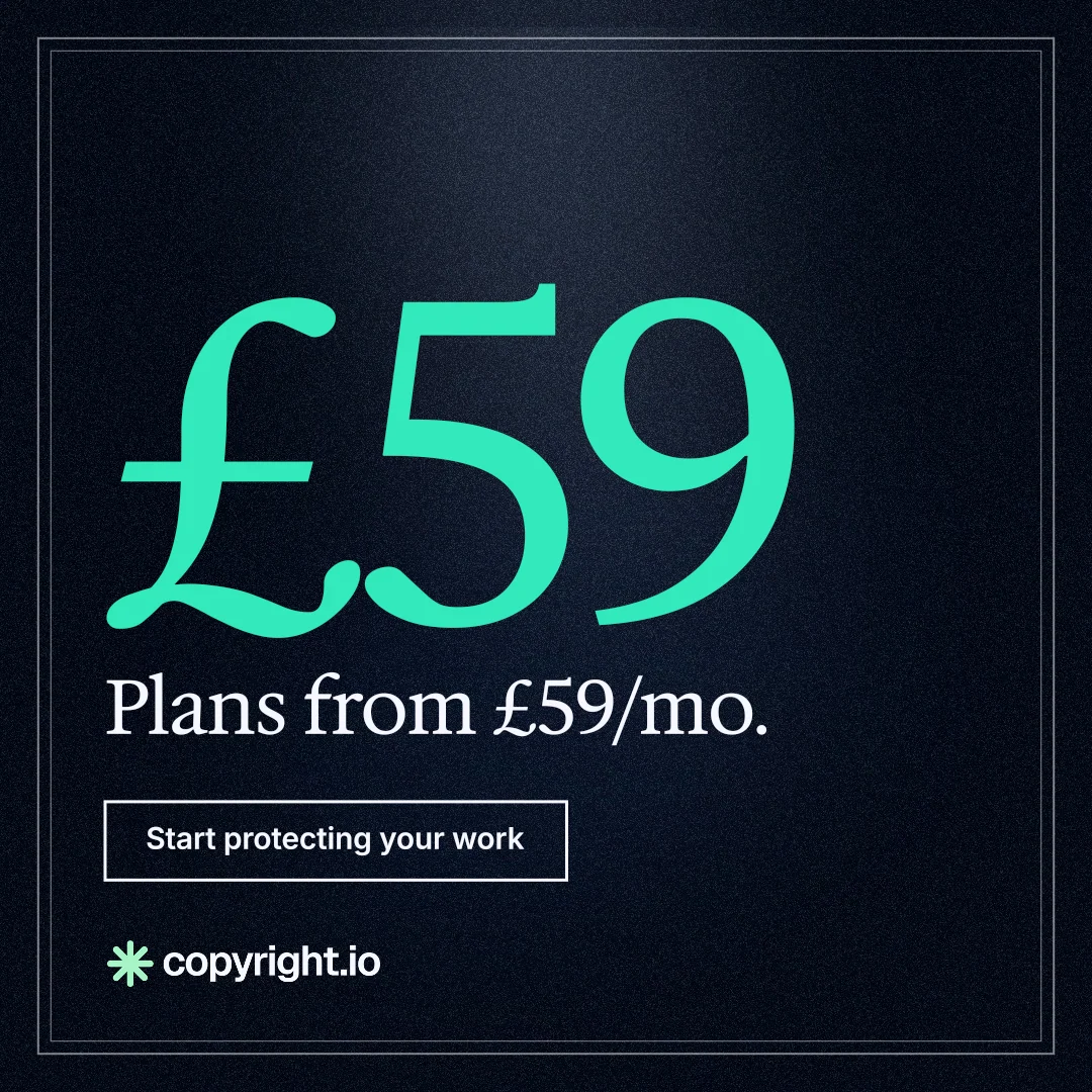 Instagram post for copyright.io: "Continuous protection for creators." Dark deco style, stat layout, dark palette in black, teal.