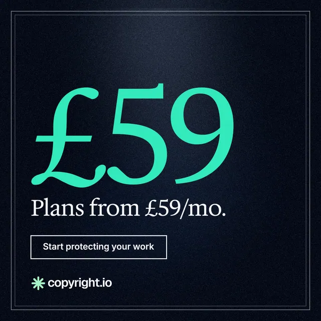 Instagram post for copyright.io: "Continuous protection for creators." Dark deco style, stat layout, dark palette in black, teal.