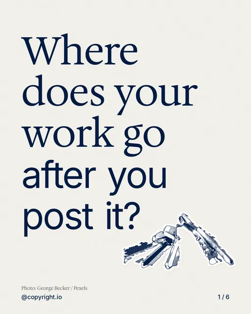 Carousel for copyright.io: "Where does your work go after you post it?". Cutout essay, 6 slides, light palette.