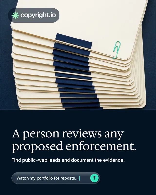 Instagram portrait post for copyright.io: "A person reviews any proposed enforcement." Agentic glass style, bottom layout, dark palette in yellow, black, blue.