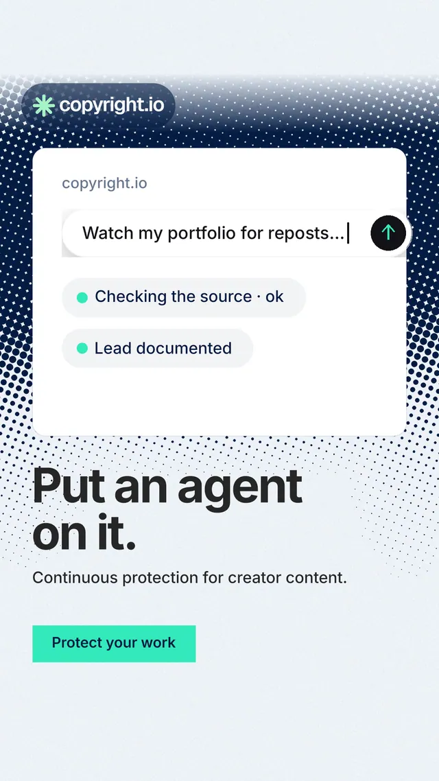 Instagram story for copyright.io: "Put an agent on it." Swiss style, bottom layout, light palette in white, teal, grey.