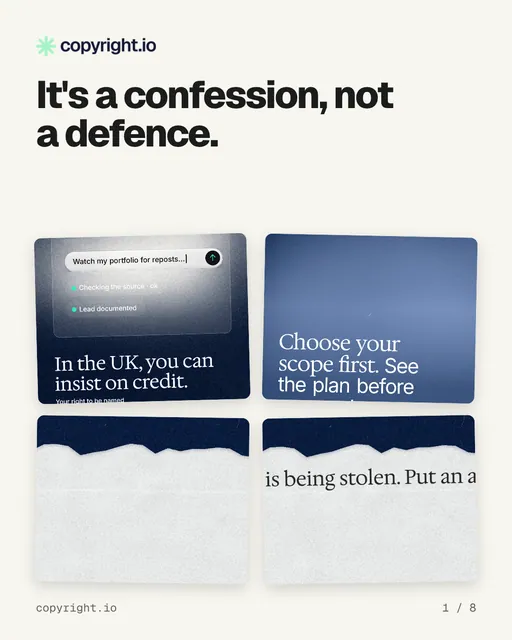 Carousel for copyright.io: "It's a confession, not a defence.". Collection carousel, 8 slides, light palette.