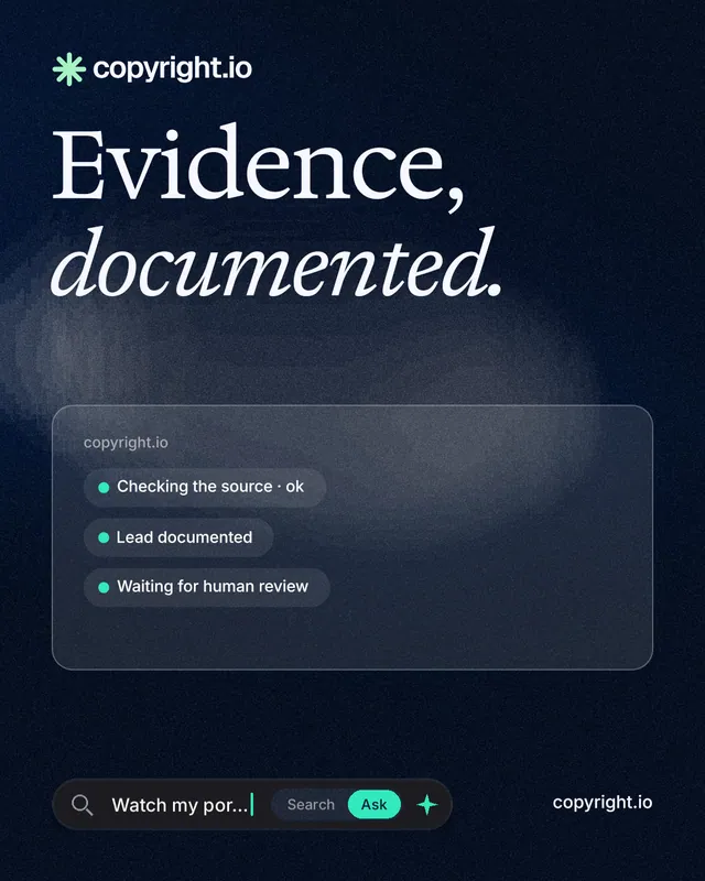 Instagram portrait post for copyright.io: "Evidence, documented." Thermal style, poster layout, dark palette in black, blue, grey.