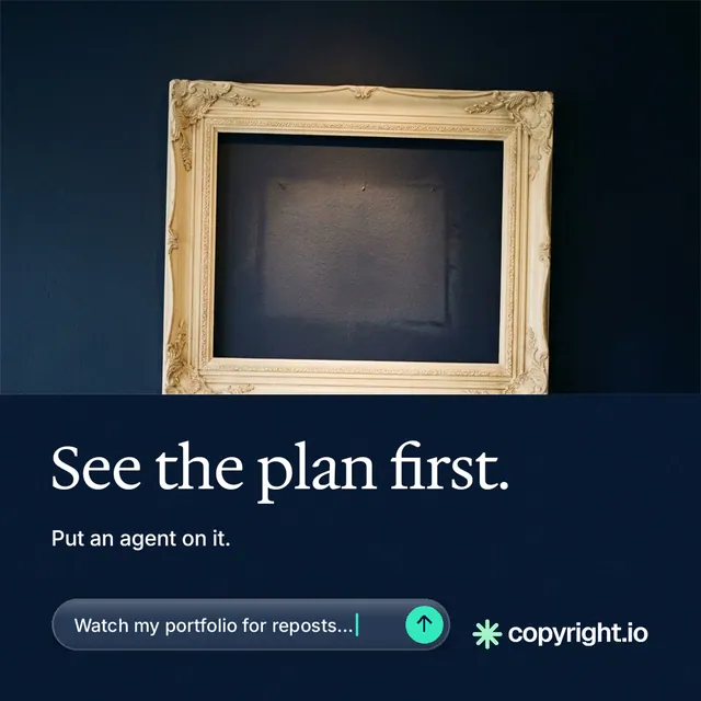 Instagram post for copyright.io: "See the plan first." Agentic glass style, bottom layout, dark palette in black, blue, grey.
