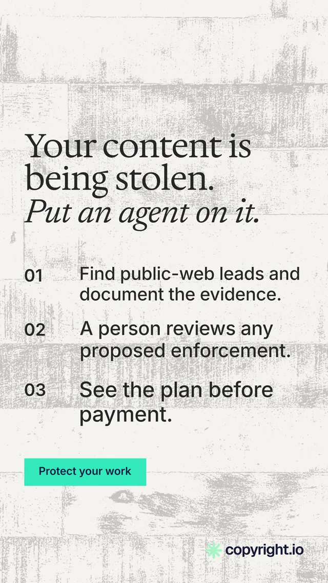 Instagram story for copyright.io: "Your content is being stolen. Put an agent on it." Swiss style, numbered layout, light palette in white, grey.