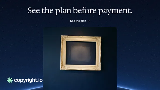 Landscape graphic for copyright.io: "See the plan before payment." Agentic glass style, ogui layout, dark palette in black, blue, grey.