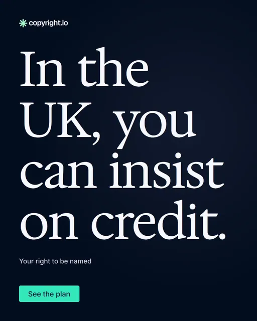 Video for copyright.io: "In the UK, you can insist on credit.". Doc motion loop, 6.0 s, dark palette.