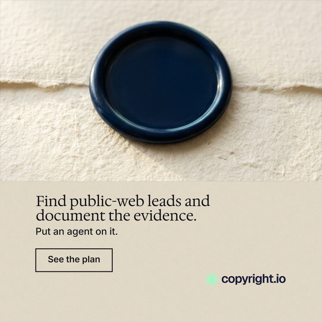 Instagram post for copyright.io: "Find public-web leads and document the evidence." Editorial style, bottom layout, light palette in orange, yellow, black.