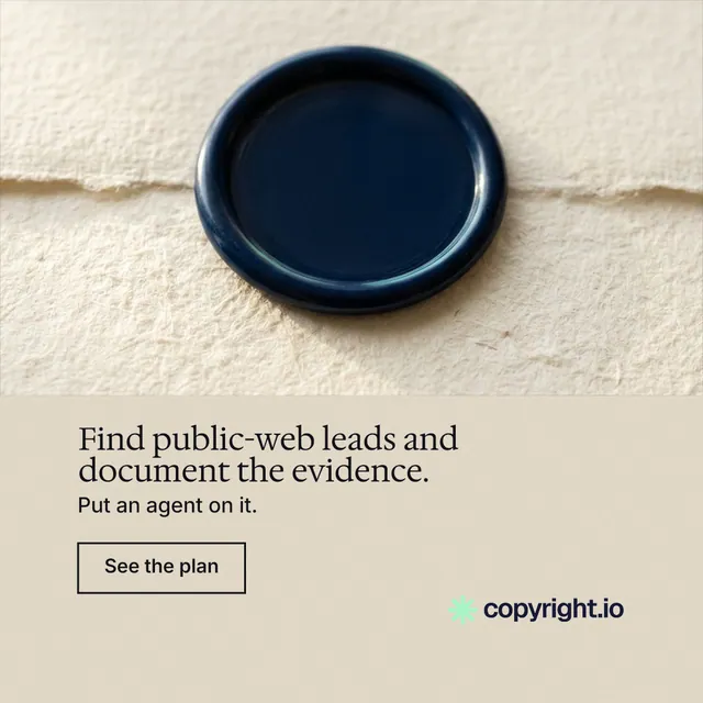 Instagram post for copyright.io: "Find public-web leads and document the evidence." Editorial style, bottom layout, light palette in orange, yellow, black.
