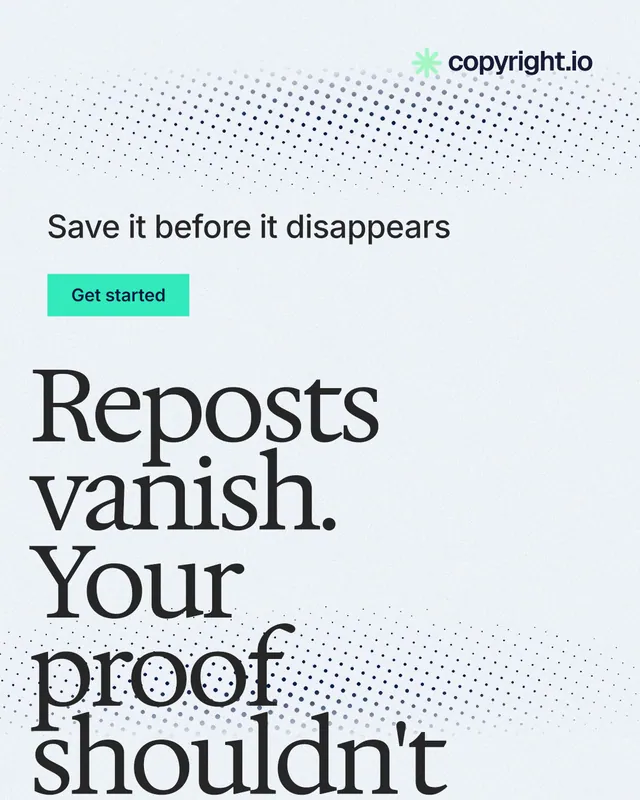 Instagram portrait post for copyright.io: "Reposts vanish. Your proof shouldn't." Swiss style, oversized layout, light palette in white, blue, grey.