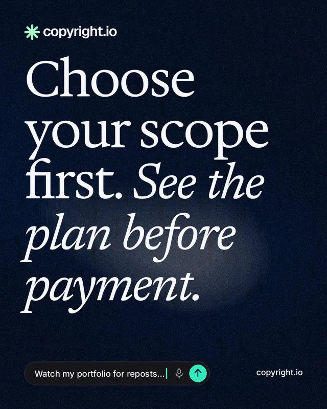 Instagram portrait post for copyright.io: "Choose your scope first. See the plan before payment." Thermal style, poster layout, dark palette in black, grey.