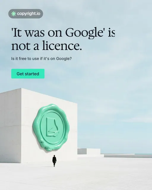 Video for copyright.io: "'It was on Google' is not a licence.". Doc motion loop, 7.0 s, light palette.