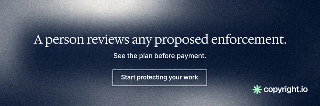 X header for copyright.io: "A person reviews any proposed enforcement." Cyanotype style, centred layout, dark palette in blue, grey.