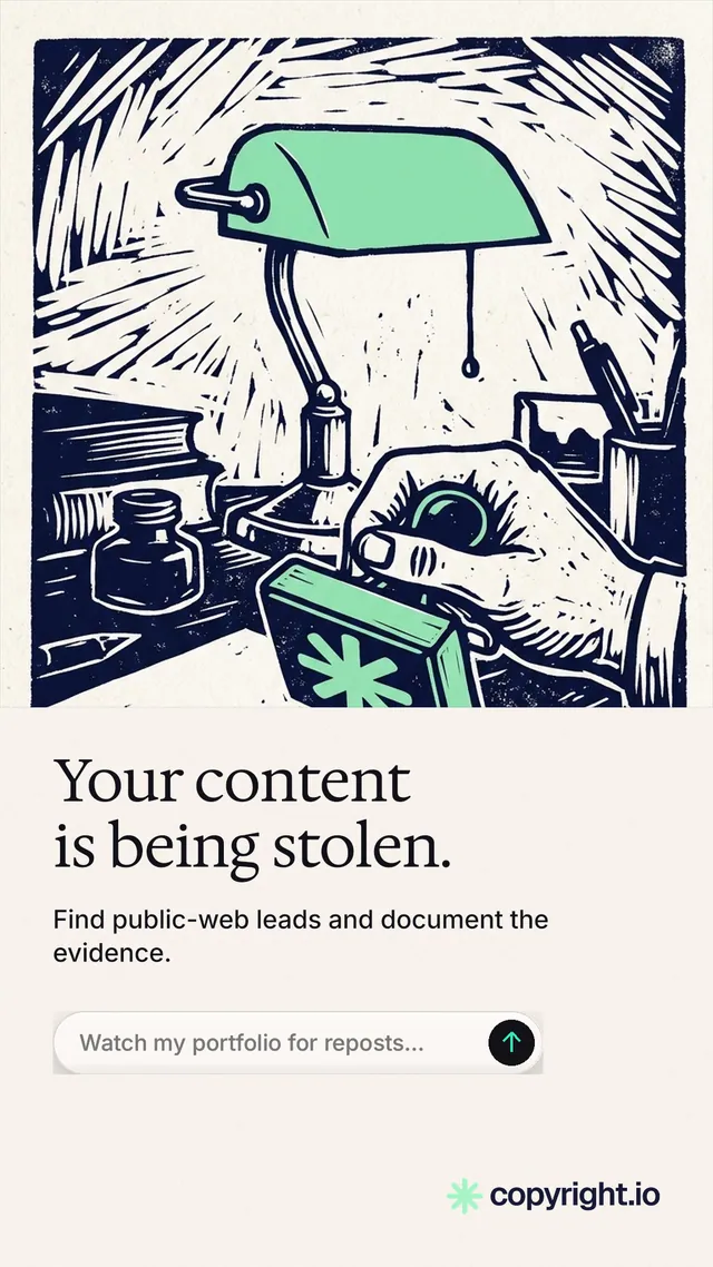 Instagram story for copyright.io: "Your content is being stolen." Agentic glass style, bottom layout, light palette in white, grey.