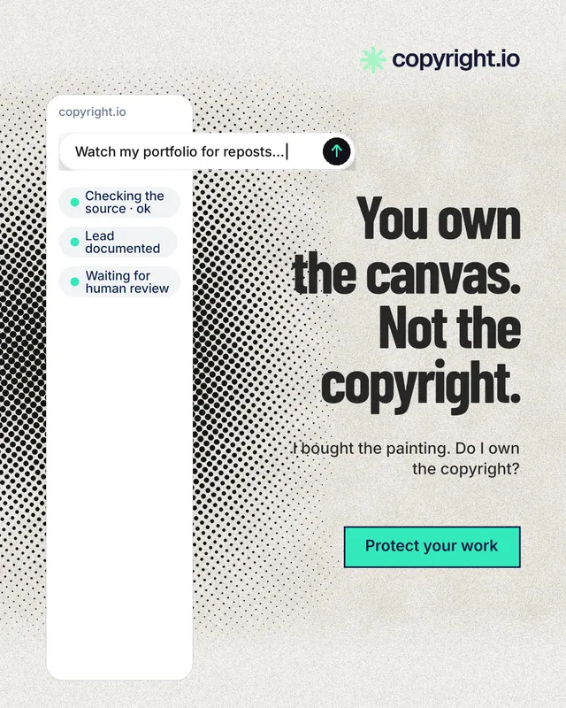 Instagram portrait post for copyright.io: "You own the canvas. Not the copyright." Ink sticker style, right layout, light palette in white, grey.