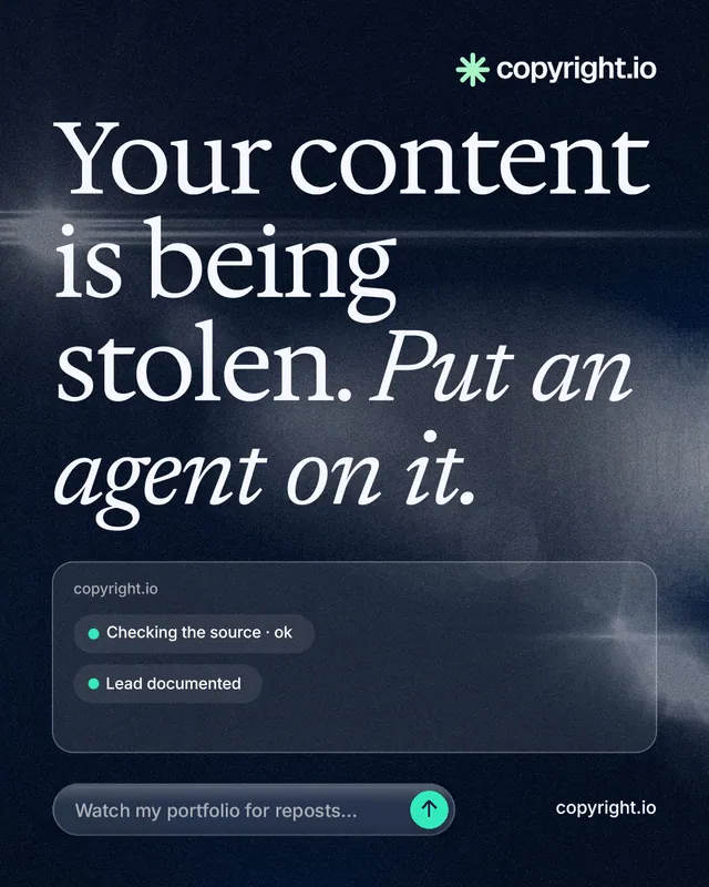 Instagram portrait post for copyright.io: "Your content is being stolen. Put an agent on it." Thermal style, poster layout, dark palette in black, blue, grey.