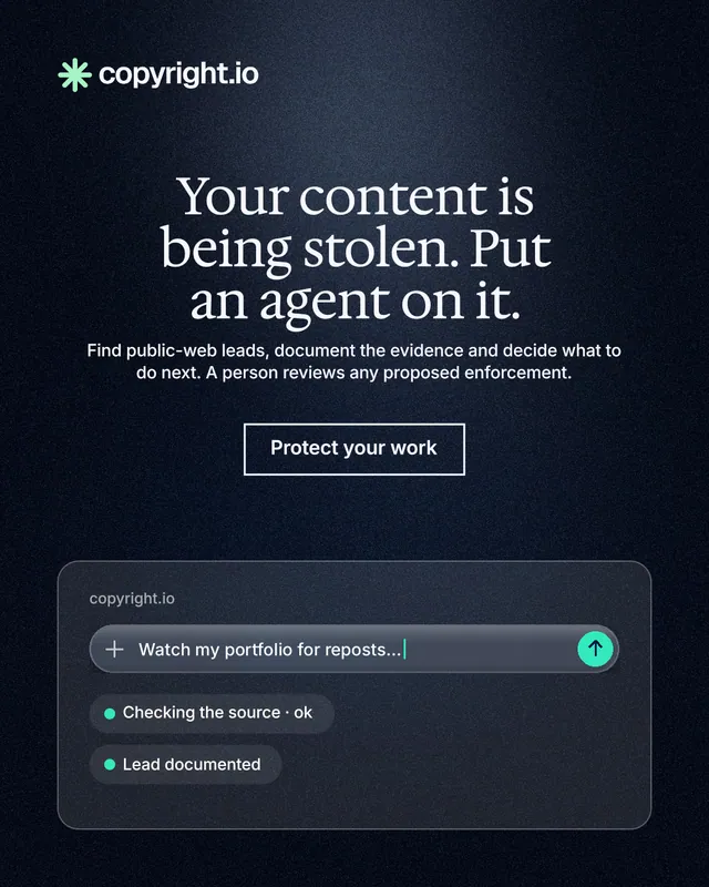 Instagram portrait post for copyright.io: "Your content is being stolen. Put an agent on it." Dark deco style, centred layout, dark palette in blue, black, grey.