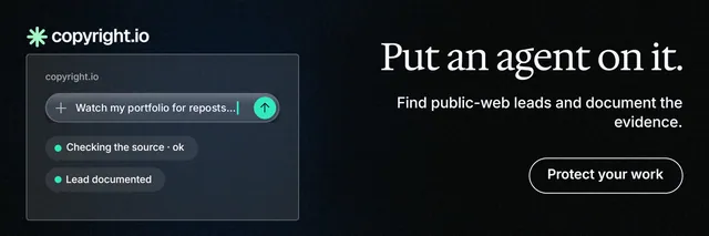 X header for copyright.io: "Put an agent on it." Phosphor atlas style, right layout, dark palette in black, grey.
