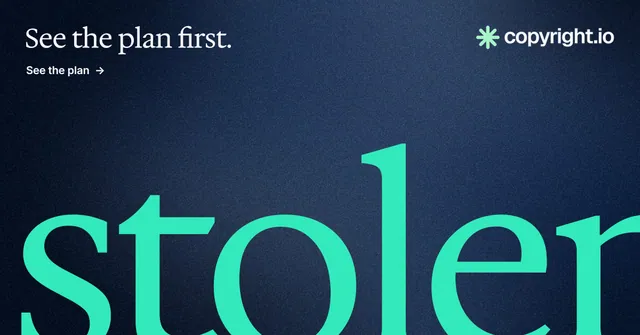 Social ad for copyright.io: "See the plan first." Agentic glass style, ogword layout, dark palette in blue, black, teal.