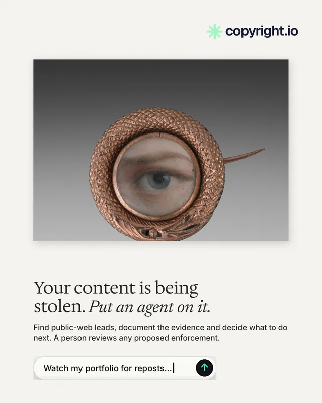 Instagram portrait post for copyright.io: "Your content is being stolen. Put an agent on it." Agentic glass style, bottom layout, light palette in white, grey.