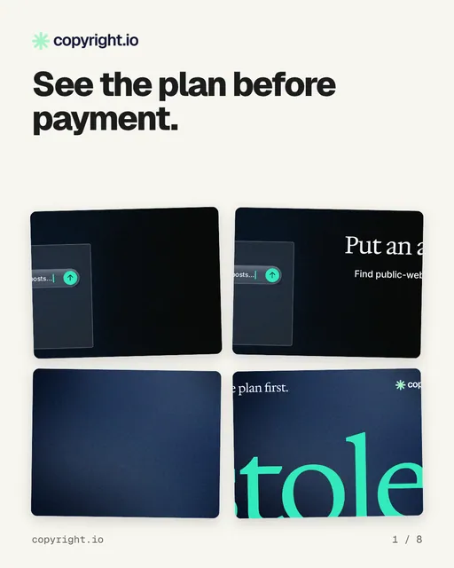 Carousel for copyright.io: "See the plan before payment.". Collection carousel, 8 slides, light palette.
