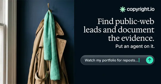 Social ad for copyright.io: "Find public-web leads and document the evidence." Agentic glass style, right layout, dark palette in black, grey.