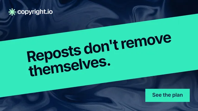 Landscape graphic for copyright.io: "Reposts don't remove themselves." Swiss style, diagonal layout, light palette in teal, blue.